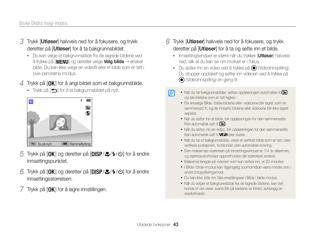 Samsung EC-WB100ZBABE2 manual Innsettingspunktet Trykk på Og deretter på / / / , Innsettingsstørrelsen Trykk på 